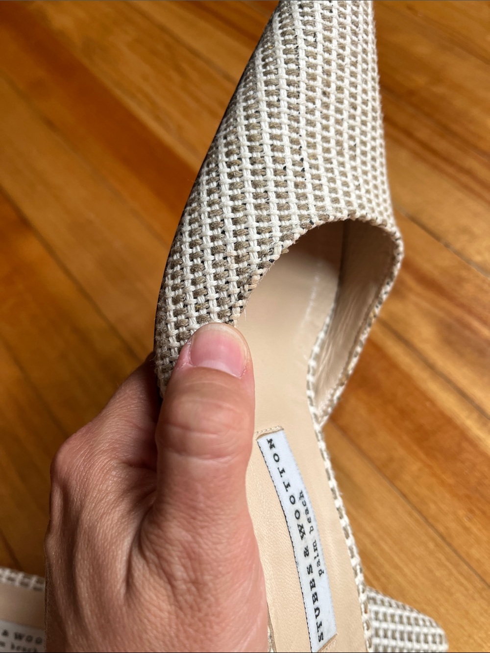 Stubbs & Wootton Raffia Woven Pointed Toe Tan Slide On Mules 8.5 wedge heel - Picture 5 of 7
